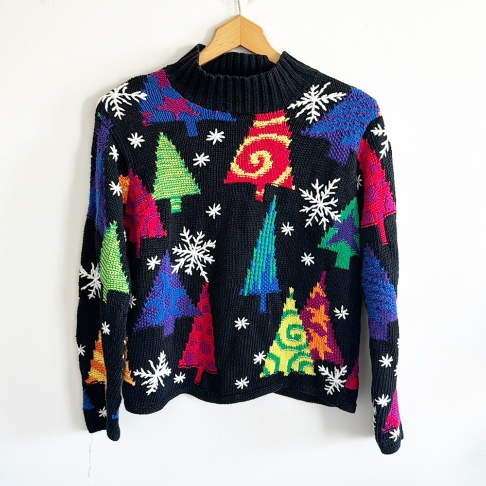Vintage 90s hand knit Christmas tree mock neck long sleeve chunky linen sweater